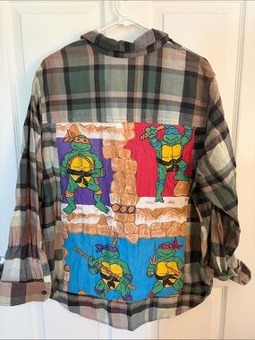 Green Plaid Flannel Shirt with Teenage Mutant Ninja Turtles Back Panel